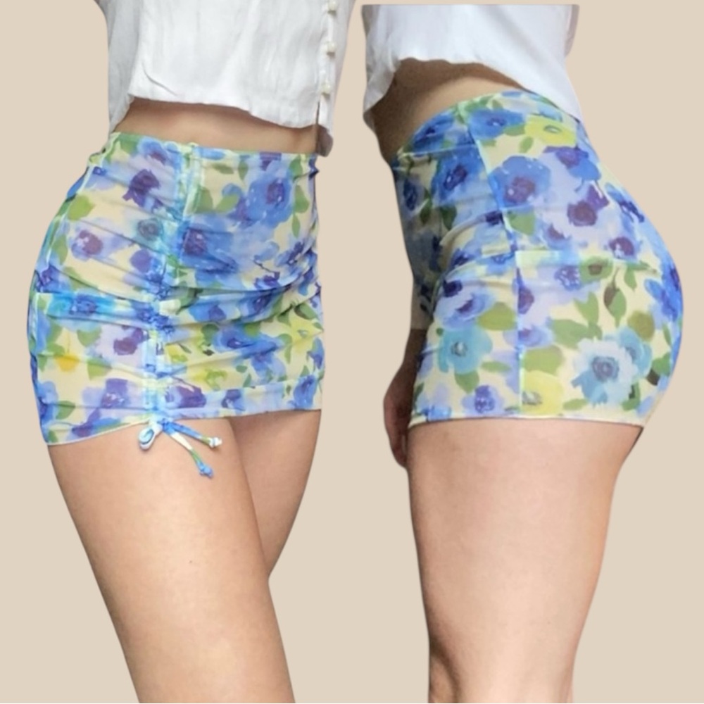 BUY 1 • GET 1 FREE - Blue floral mesh mini skirt / swim cover up